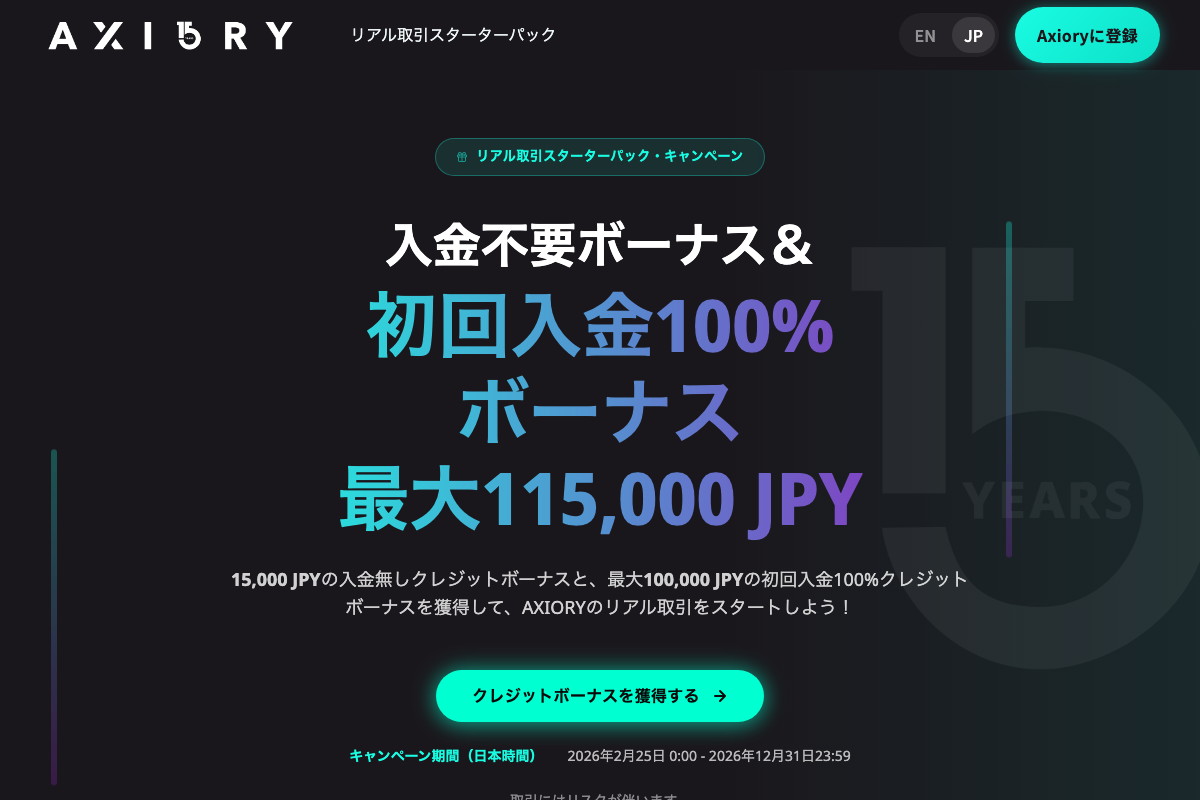 海外FX口座開設ボーナス8位・AXIORYの15周年スターターパック(入金不要ボーナス15,000円)ページ